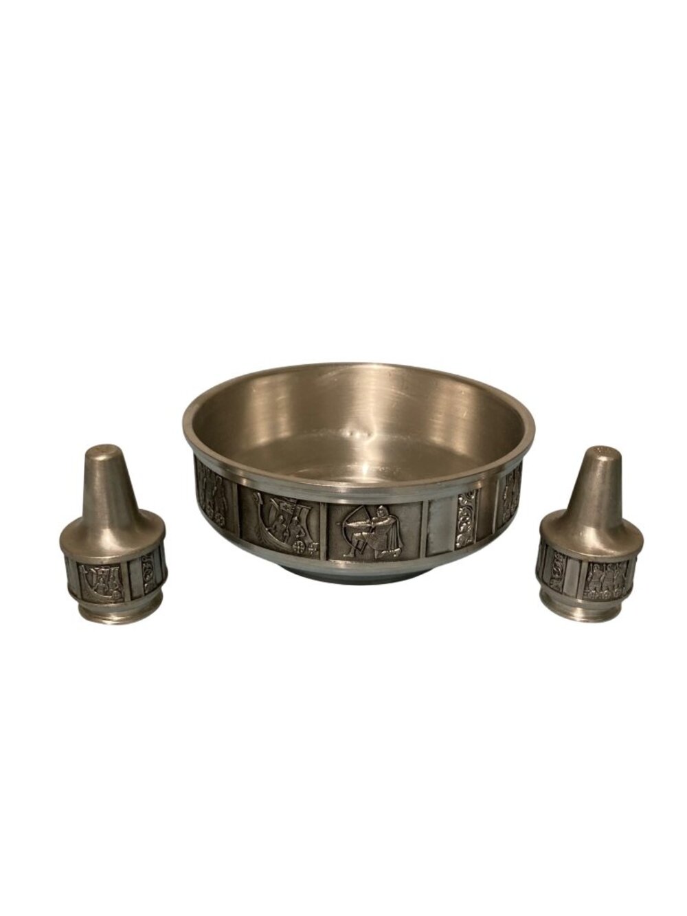 Konge Tinn Pewter Bowl And Salt & Pepper Shakers Norse Viking Scene Norway